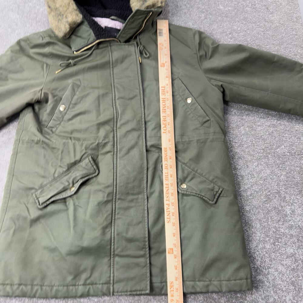 JCrew Perfect Winter Parka Olive Quilted Lined Faux Fur Hood Coat‎ Womens *L - Picture 3 of 13